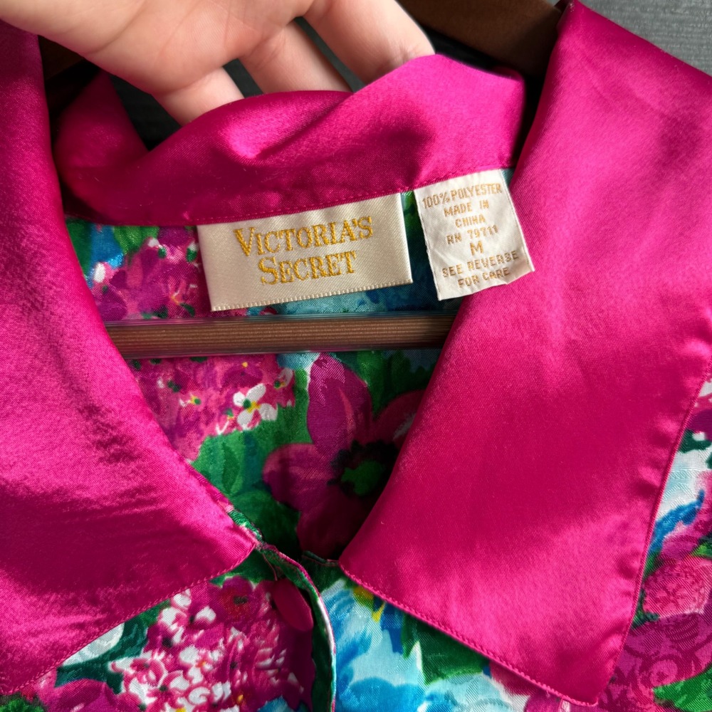 Vintage Victoria's Secret Floral Satin Pajama Set Hot Pink Medium - Picture 4 of 16